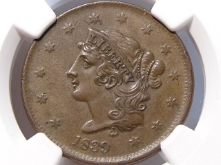 1839 Large Cent AU58 NGC Booby Head